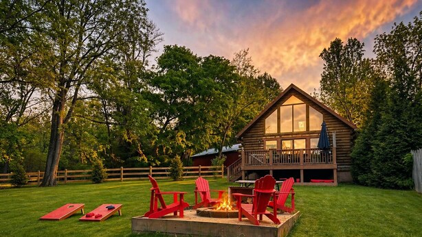 A log cabin with a deck, a fire pit, and red Adirondack chairs.