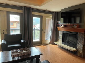 TV, fireplace, books