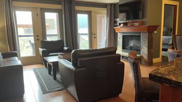 TV, fireplace, books
