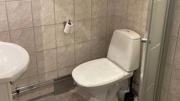 Un baño pequeño y moderno con inodoro, lavabo y ducha.