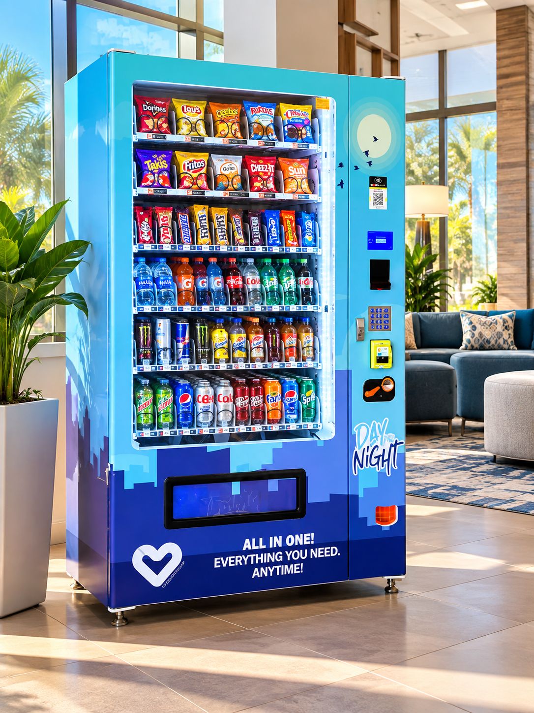 A vending machine with snacks and drinks, located in a well-lit indoor area with a view of the outdoors.