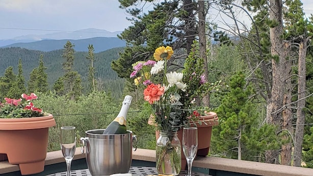 Une table dressée à l’extérieur, avec une bouteille de champagne, un vase de fleurs et une assiette de crackers et de fromage.
