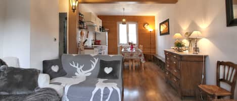 Télévision, cheminée, lecteur de DVD, chaîne hi-fi