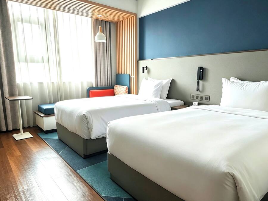 Hotellihuone, jossa on kaksi sänkyä, työpöytä, tuoli ja seinälle asennettu puhelin.
