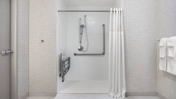 Standard Room, 1 King Bed, Roll-in Shower (Mobility, Roll-In Shower) | Bathroom | Free toiletries, hair dryer, towels, soap