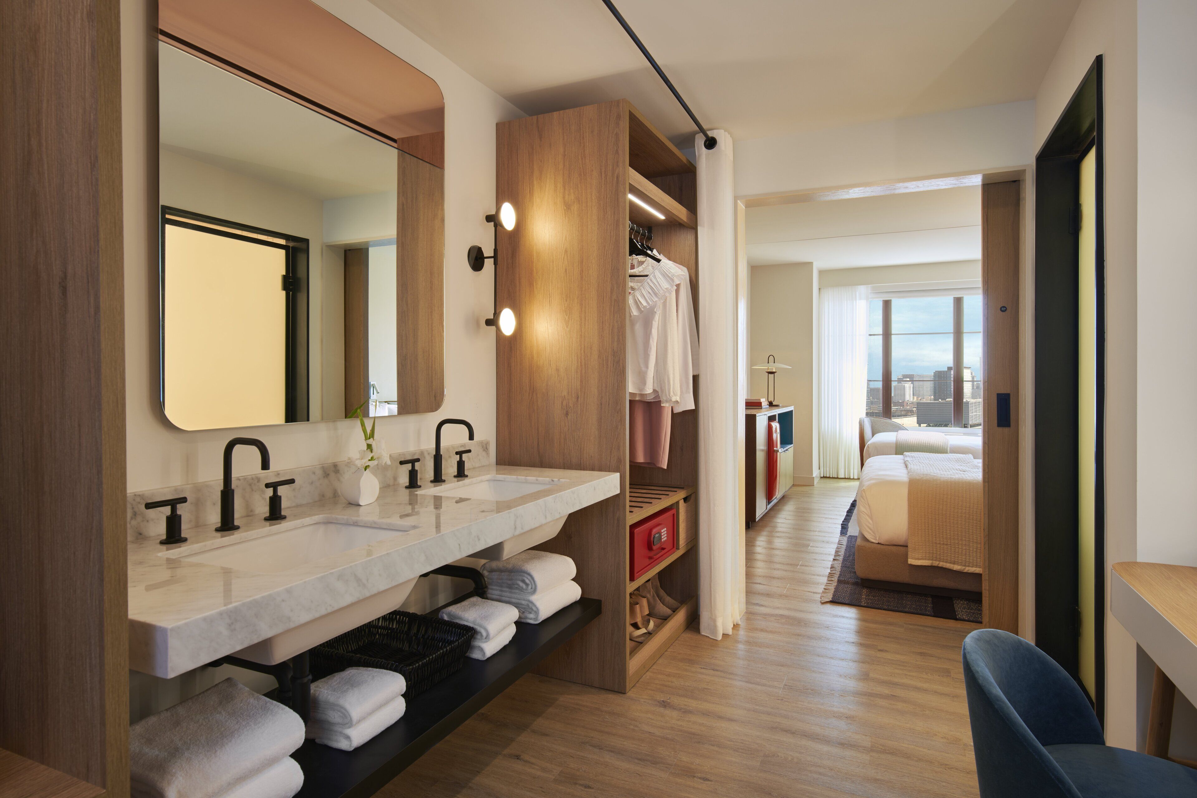 rainfall showerhead, designer toiletries, hair dryer, towels