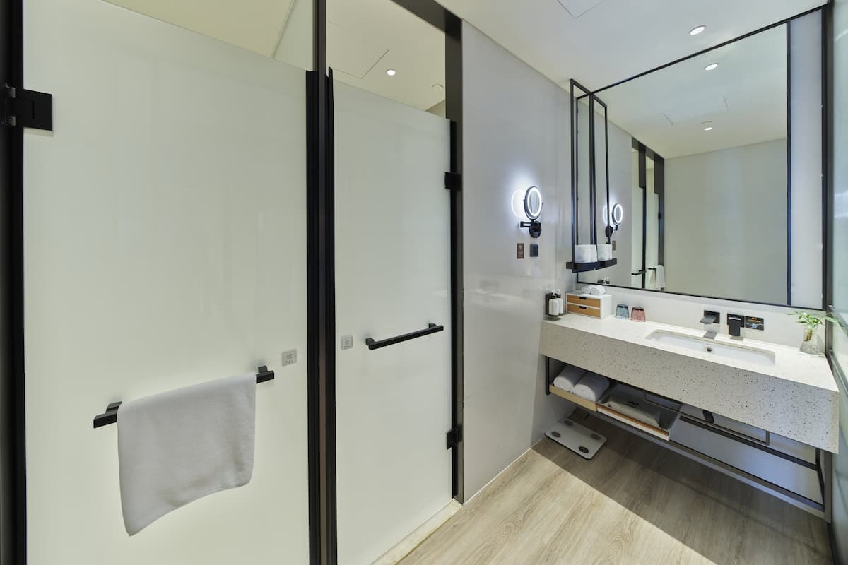 1 King Bed Premium | Bathroom | Shower, hydromassage showerhead, free toiletries, hair dryer