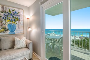 Enjoy the ocean view from the balcony, where you can sit and relax with a table and chairs.