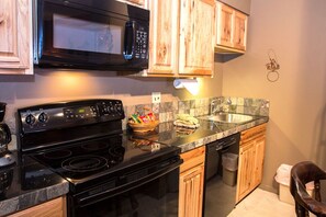 Condo, 1 King Bed, Balcony, River View | Private kitchen | Fridge, microwave, stovetop, dishwasher - Fawn Valley Inn: 284 (Estes Park)