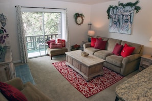 Condo, 1 King Bed, Balcony, River View | Living room | 42-inch TV with cable channels, fireplace - Fawn Valley Inn: 288 (Estes Park)