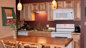 Condo, 1 King Bed, Hot Tub, River View | Private kitchen | Coffee/tea maker, fridge, microwave, stovetop - Fawn Valley Inn: 300 (Estes Park)
