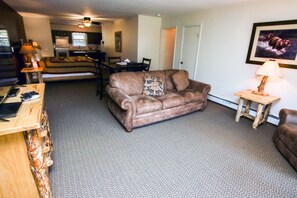 Condo, 1 King Bed, Fireplace, River View | Living room | 42-inch TV with cable channels, fireplace - Fawn Valley Inn: 304 (Estes Park)