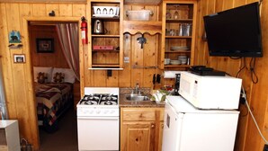Apartment, 1 Double Bed with Sofa bed, Patio | Private kitchen | Coffee/tea maker, fridge, microwave, stovetop - Lazy R Cottages: 1 (Estes Park)