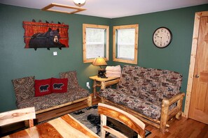 Cabin, 1 Queen Bed, Hot Tub, Mountain View | Living room | 42-inch TV with cable channels, fireplace - Lazy R Cottages: 4 (Estes Park)