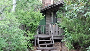 A wooden cabin with a porch and steps leading to a door, surrounded by dense greenery. - Sunnyside Knoll: 10 (Estes Park)