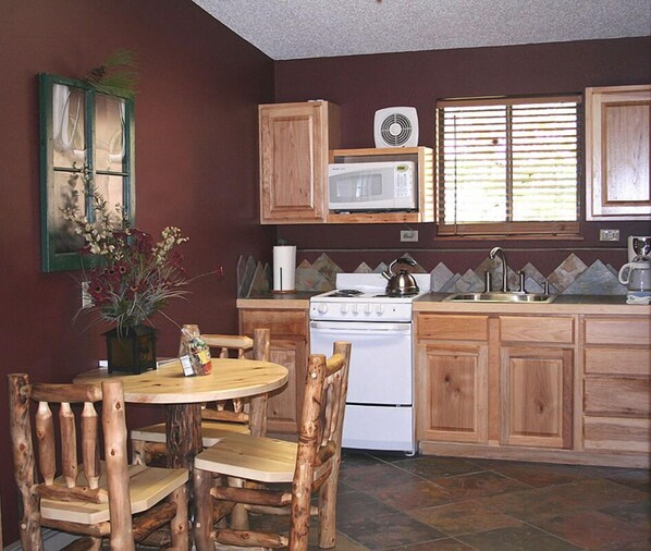 Chalet, Multiple Beds, Private Pool | Private kitchen | Fridge, microwave, stovetop, cookware/dishes/utensils - Timber Creek Chalets: 2B (Estes Park)