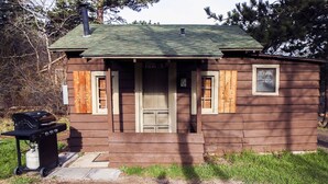 A small wooden cabin with a green roof, a front door, and a small window.