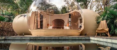 Una piscina al aire libre, camas de piscina gratis, sombrillas