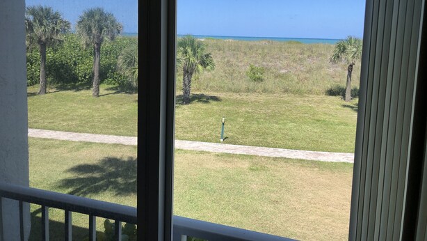 A view through a window of a grassy area with palm trees and a clear sky. - CP 421 2 Bedroom Ocean View Condo - Paradise Vacation Rental in Ocean Village (Fort Pierce)