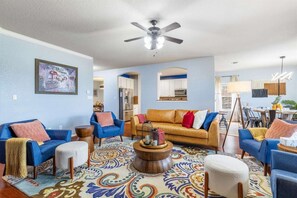 Smart TV, fireplace, offices, printers