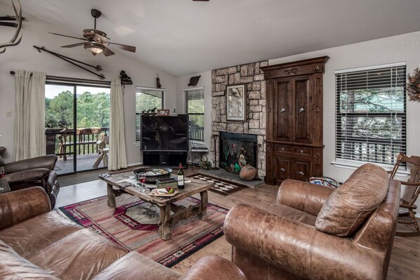 TV, fireplace, DVD player, books