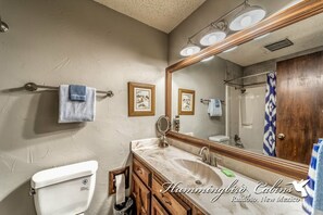 Combined shower/bathtub, hair dryer, towels