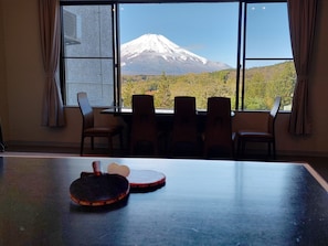 Enjoy breathtaking views of the snow-capped mountain from this room's large window.