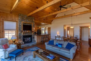 TV, fireplace, table football, books