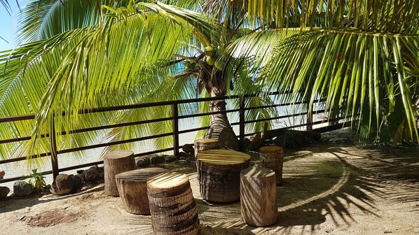 Un espace extérieur de style tropical, agrémenté d’une clôture en bois, de palmiers et de tabourets en bois.