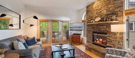 Smart TV, chimenea, reproductor de DVD y libros