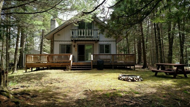 A cabin with a porch, a picnic table, and a fire pit in a forest setting. - Ausable River  Cottage (Frederic)