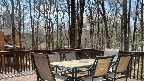 Eine Holzterrasse mit Tisch und Stühlen, umgeben von Bäumen.