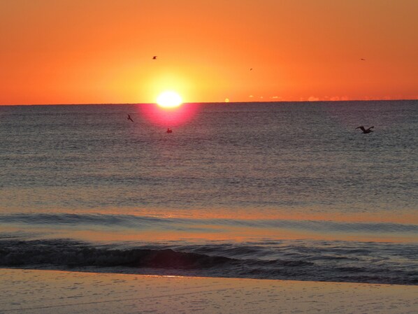 A sunset over the ocean with waves approaching the shore.
