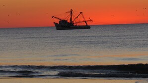 Un bote de pesca silueteado contra un atardecer.