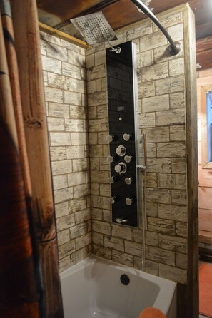 Ensemble baignoire-douche, séchoir à cheveux, serviettes fournies, savon