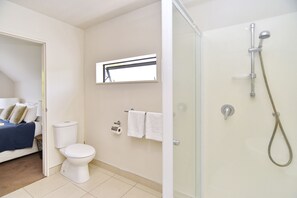 A bathroom with a toilet, a shower, and a bed in the adjacent room.