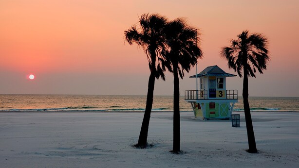 A lifeguard tower with the number 3, palm trees, and the ocean at sunset.