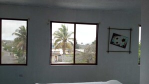 A room with a bed, two windows, and a wall-mounted picture.