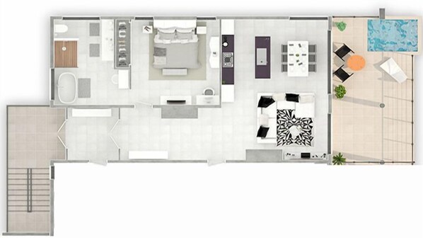 A hotel layout with a bedroom, bathroom, kitchenette, dining area, and a pool area. - Tranquility Beach Anguilla (West End Village)