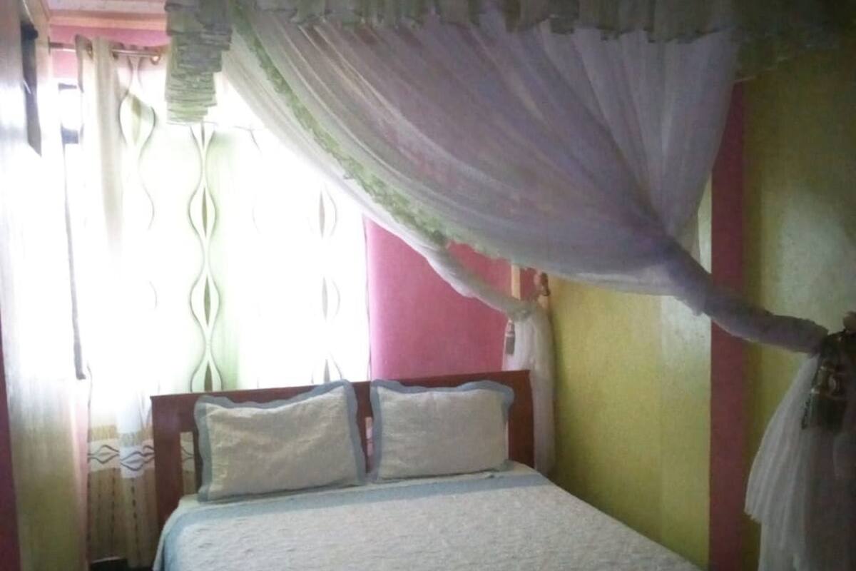 Un dormitorio con cama, dosel, cortina y ventana.