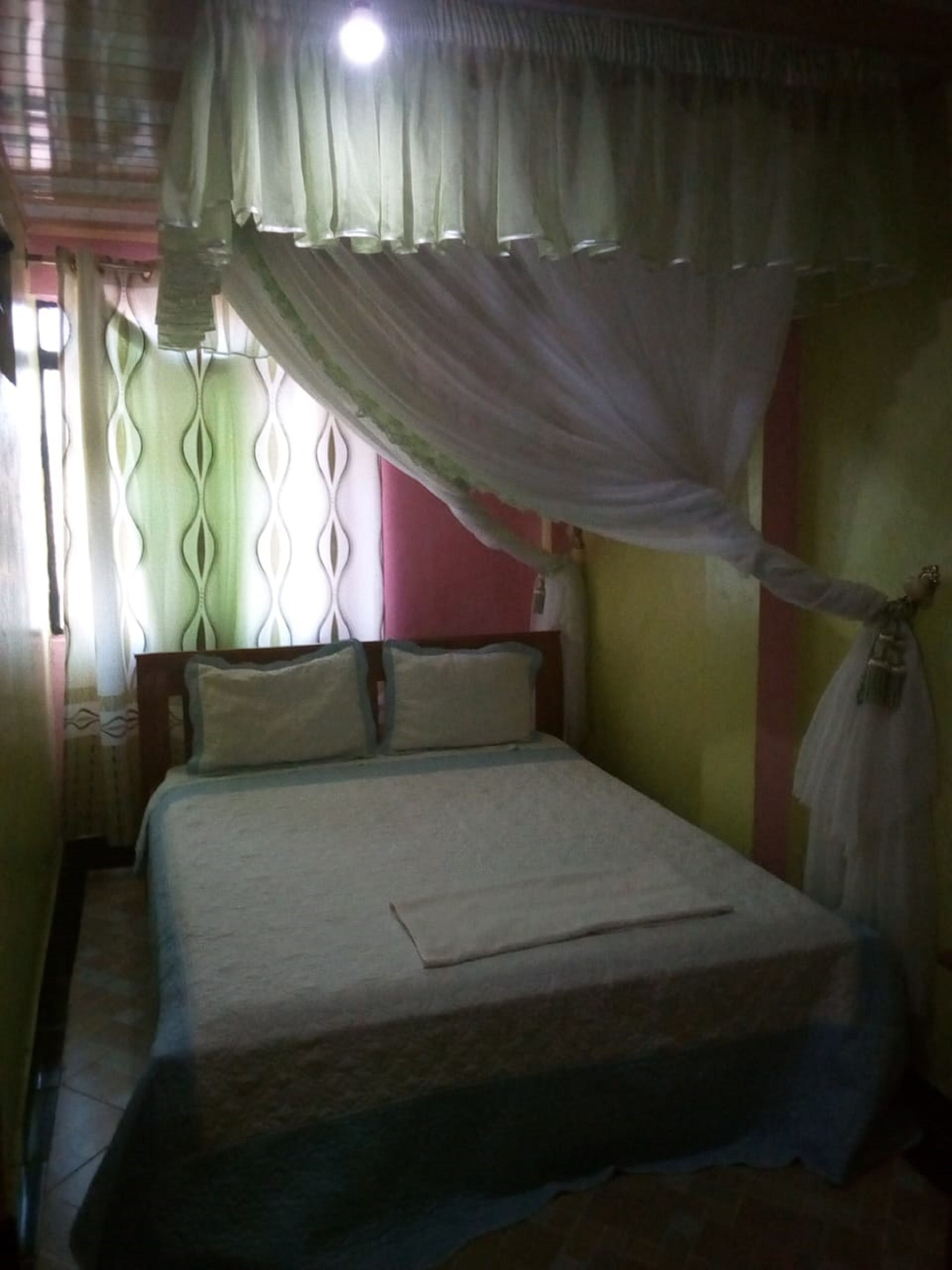 A single bed with a canopy, a wooden headboard, and a bedside table.