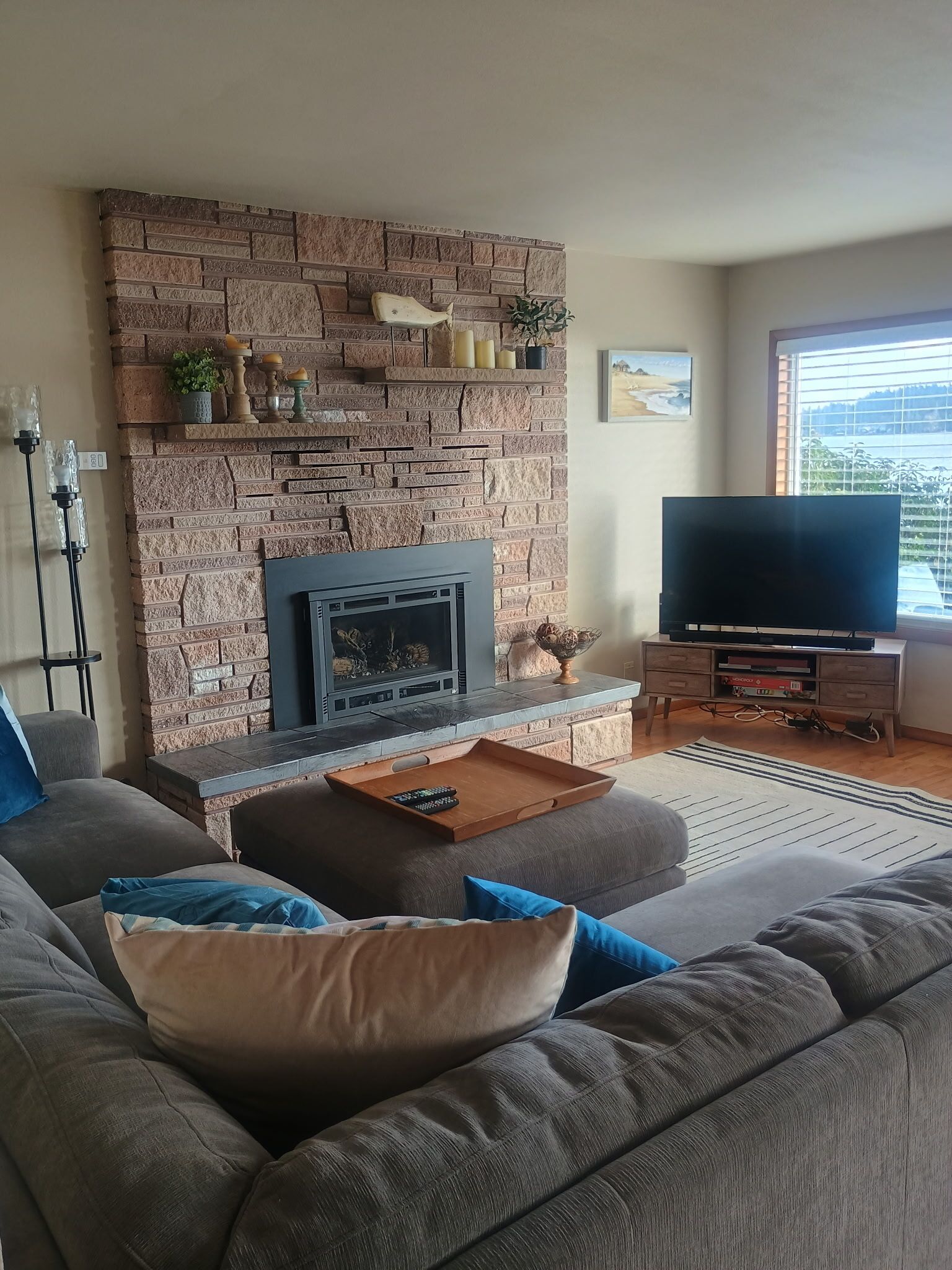 Una Smart TV, una chimenea, un reproductor de DVD, una videoteca