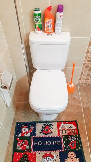 A toilet with cleaning supplies on top and a festive rug on the floor.