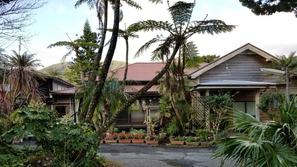 A tropical house with a red roof, surrounded by lush greenery and potted plants. - Hachijojima Gardenso (Hachijo)