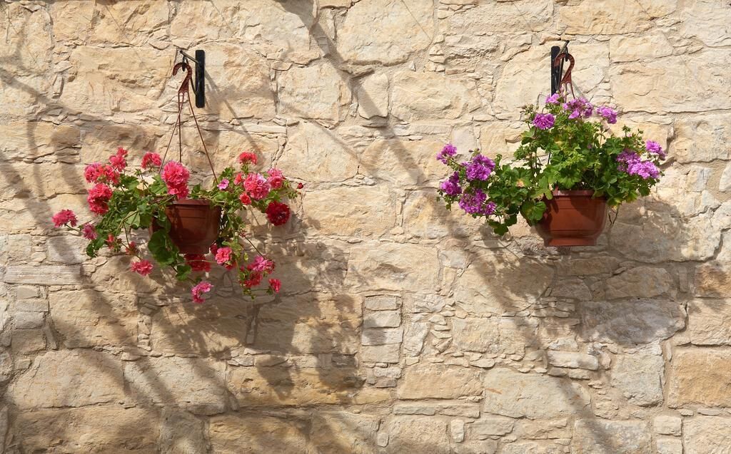 Deux pots de fleurs suspendus contre un mur de pierre.