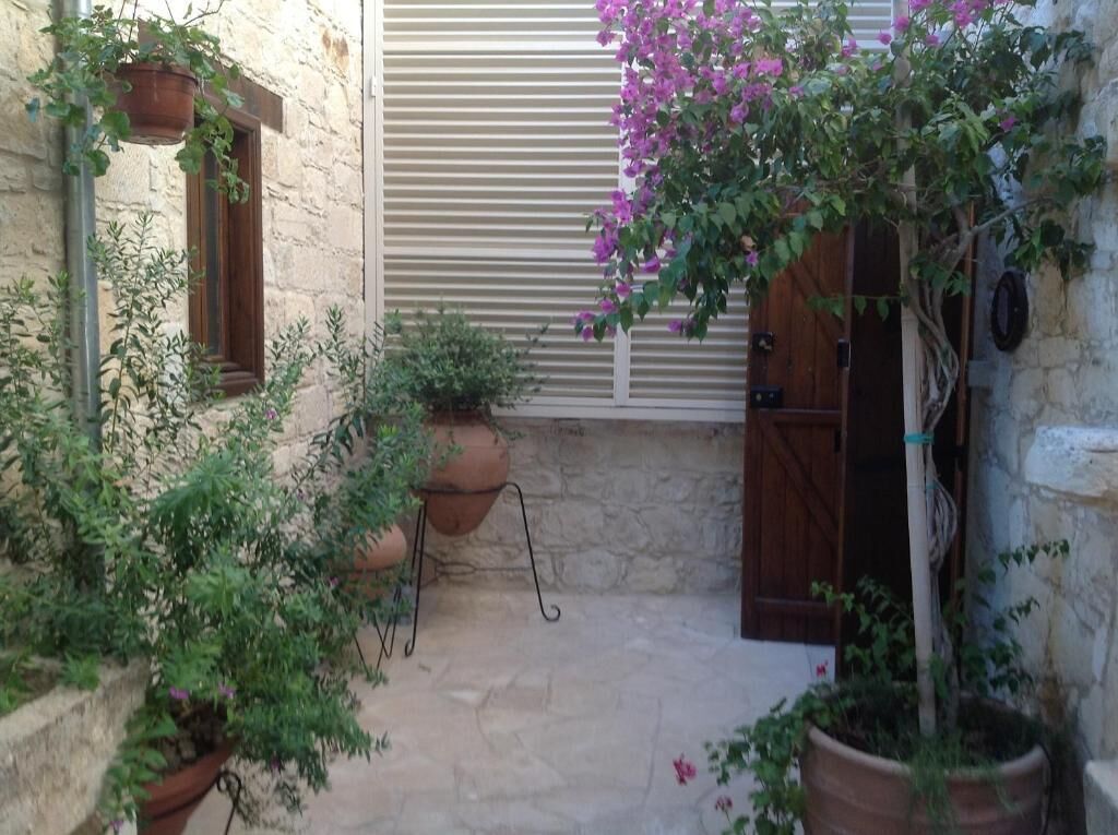 Un patio de piedra con plantas en macetas, una puerta de madera y una ventana con contraventanas.