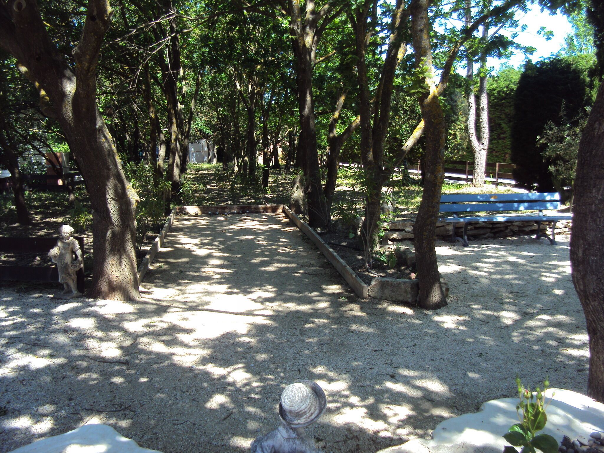 A park with trees, a bench, and a statue.