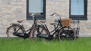 Deux vélos sont garés sur la pelouse devant un immeuble à la façade en briques et aux grandes fenêtres.
