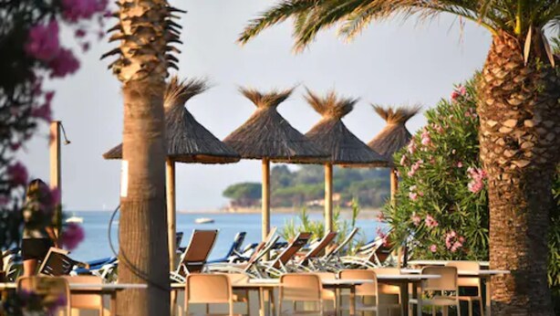 A beachside restaurant with outdoor seating, palm trees, and a view of the sea. - Residence San Pellegrino (Penta-di-Casinca)