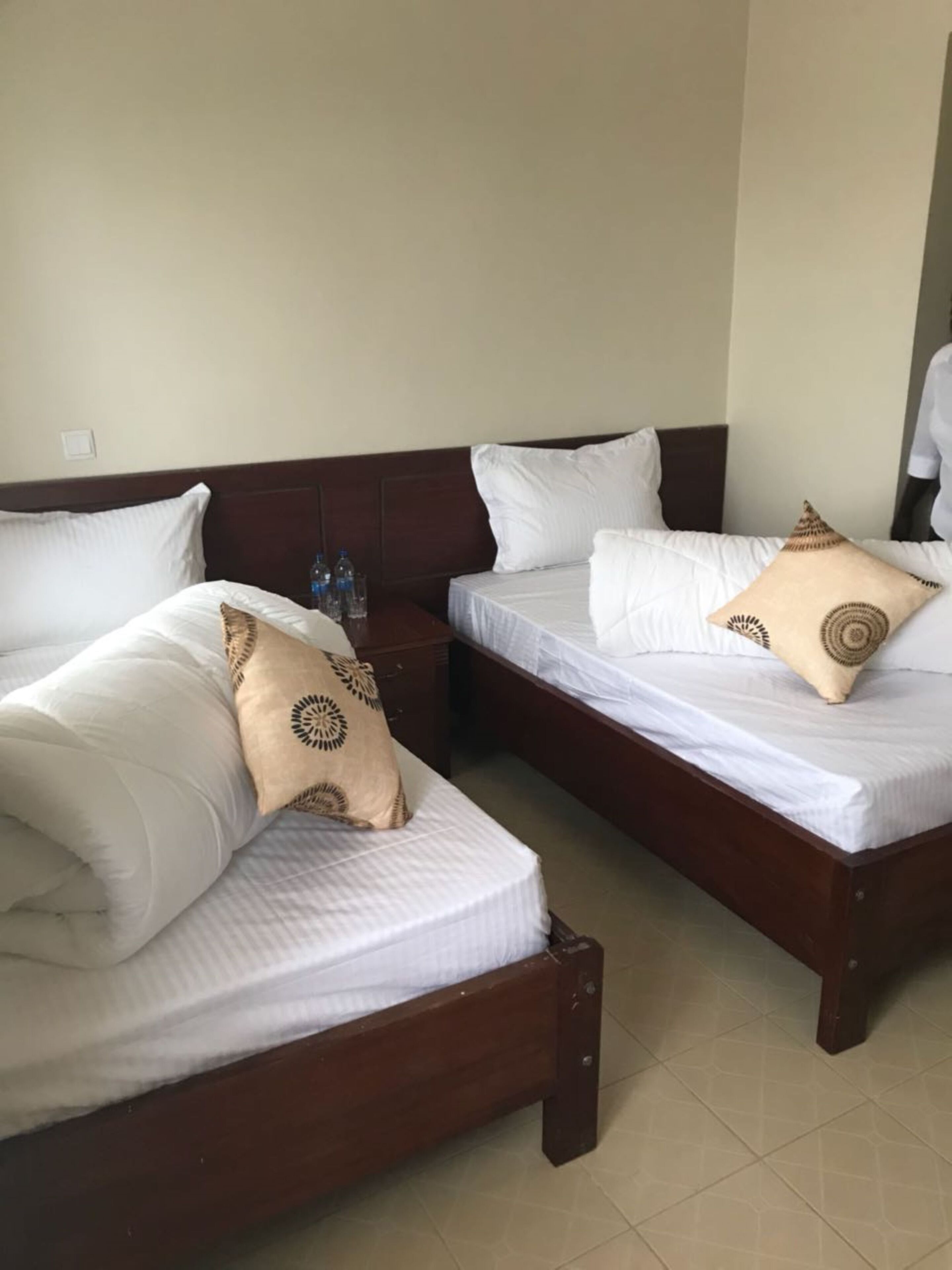 A hotel room with two single beds, each with white bedding and patterned pillows. There is a nightstand between the beds with a water bottle on it.